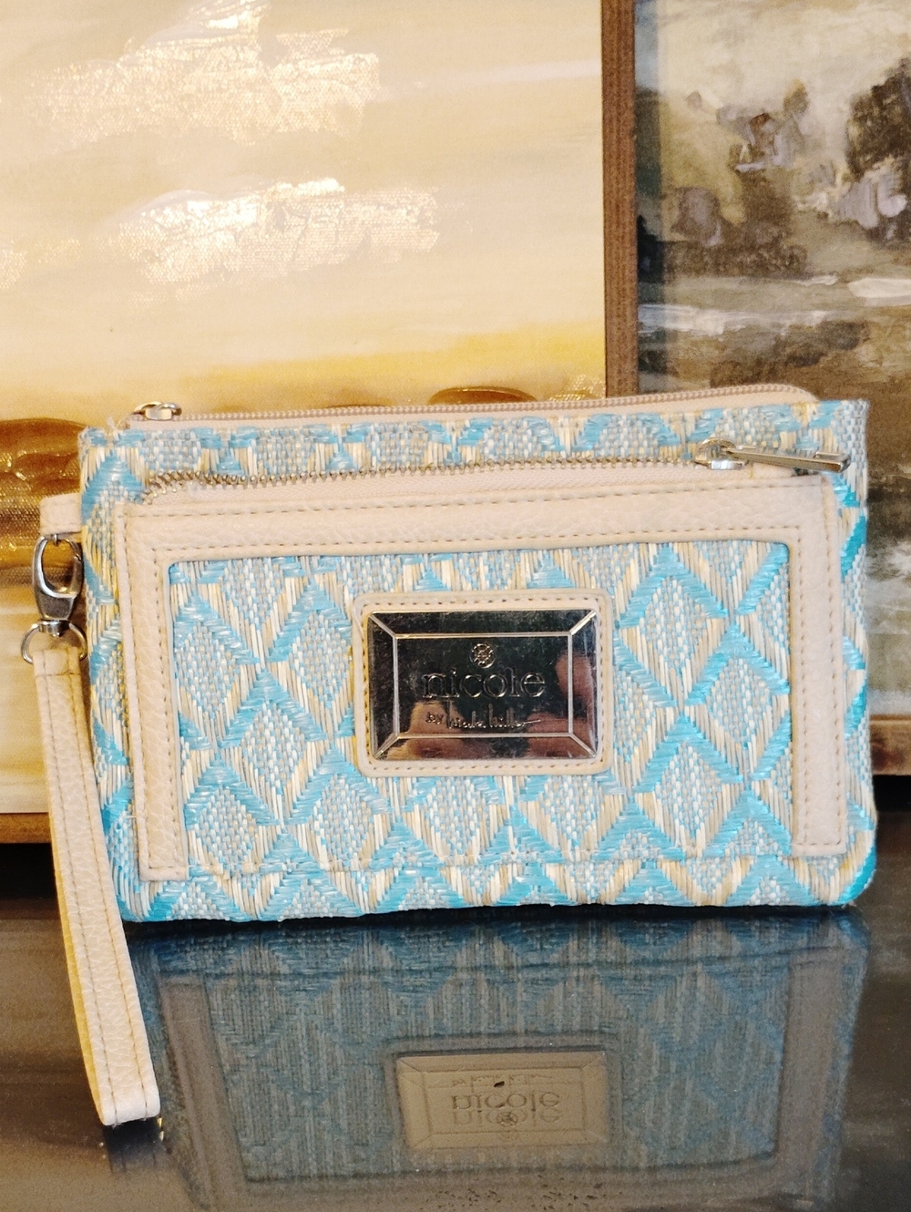 Nicole by Nicole Miller Light Blue & Cream Woven Wristlet Clutch